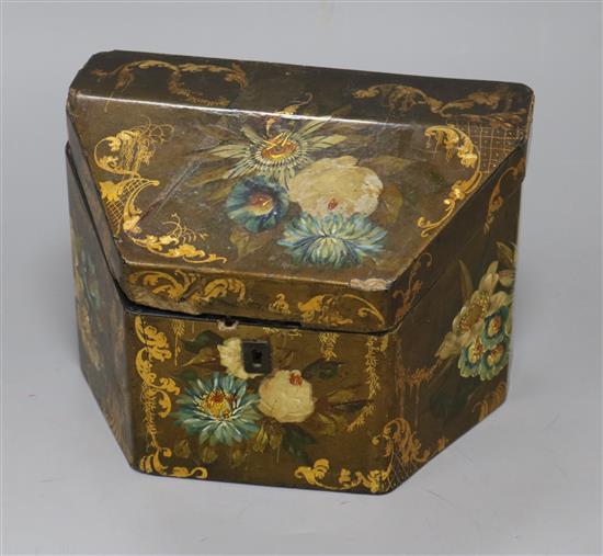A Victorian floral painted lacquered papier mache stationery box height 14cm
